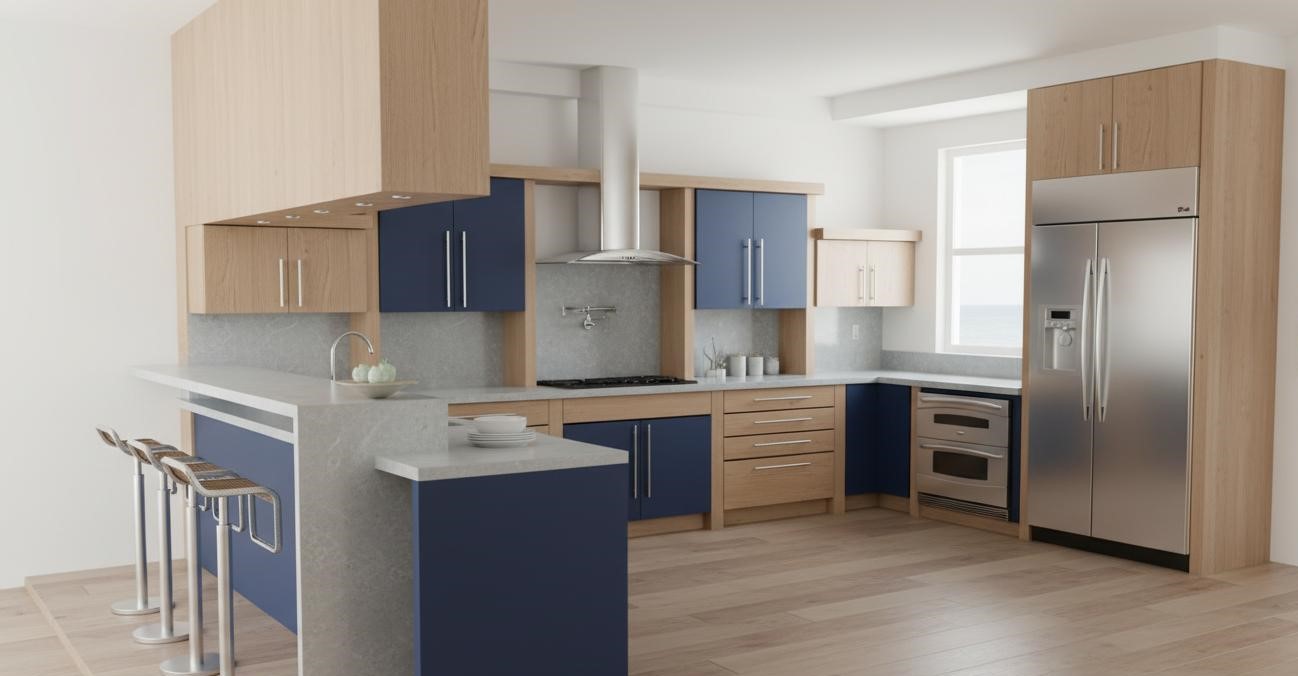 Kitchen interior design rendering — blue palette and matte finishes
