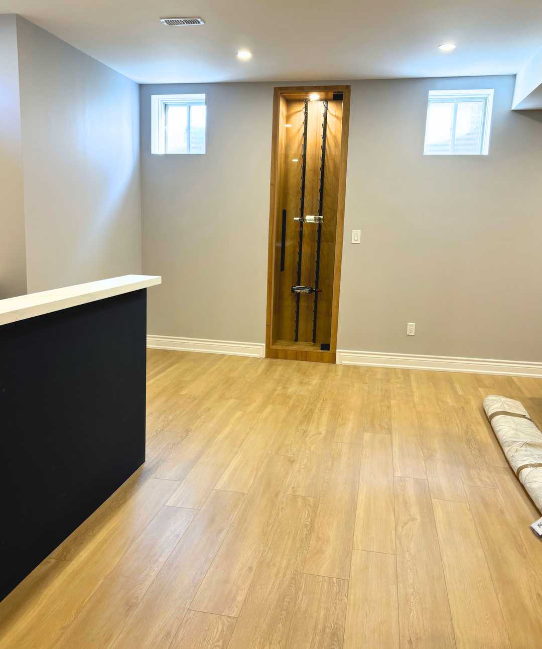 Oak vinyl flooring with matching stain stairs,75" of fireplace, open