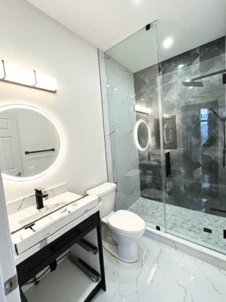 Green tone custom vanity with brushed gold fixture, 24"*24"grey porcelain