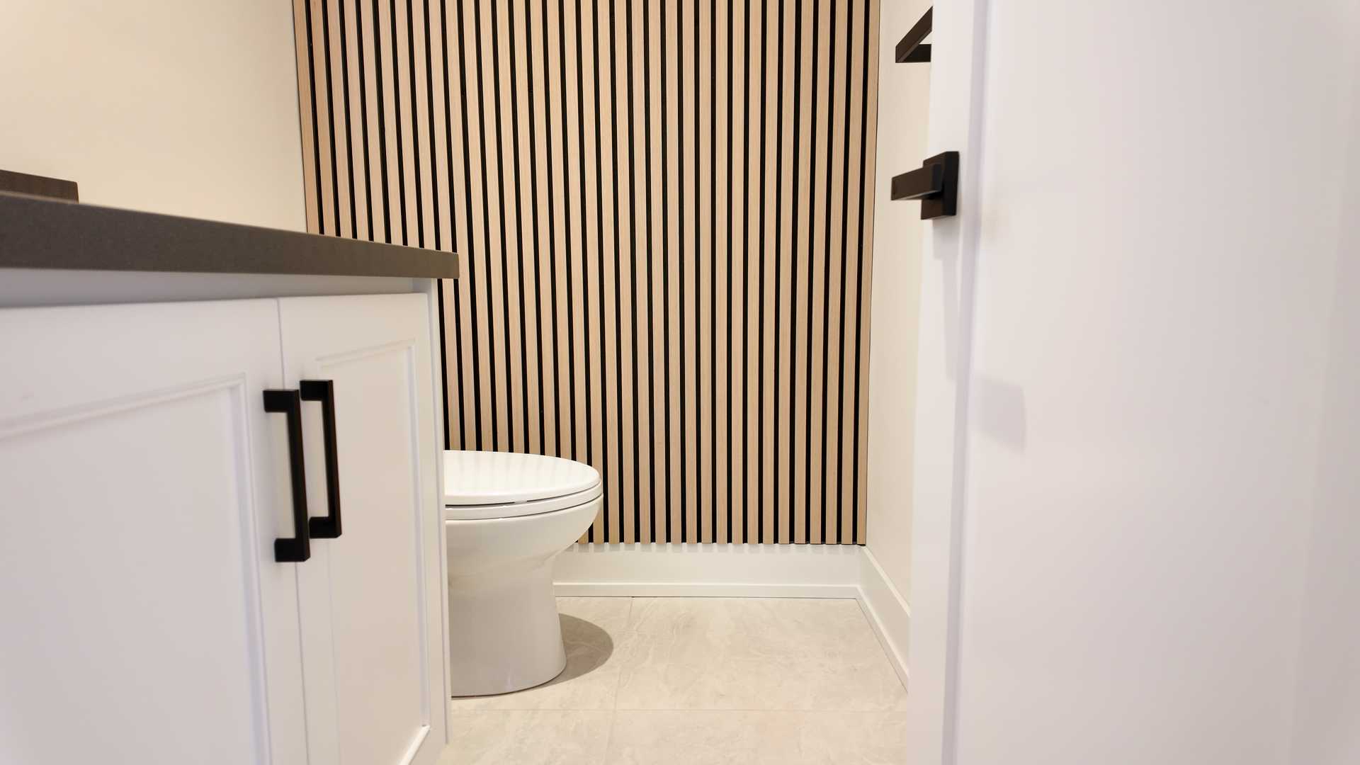 Floating vanity with white MDF tower, 24"*48" beige gray tile,