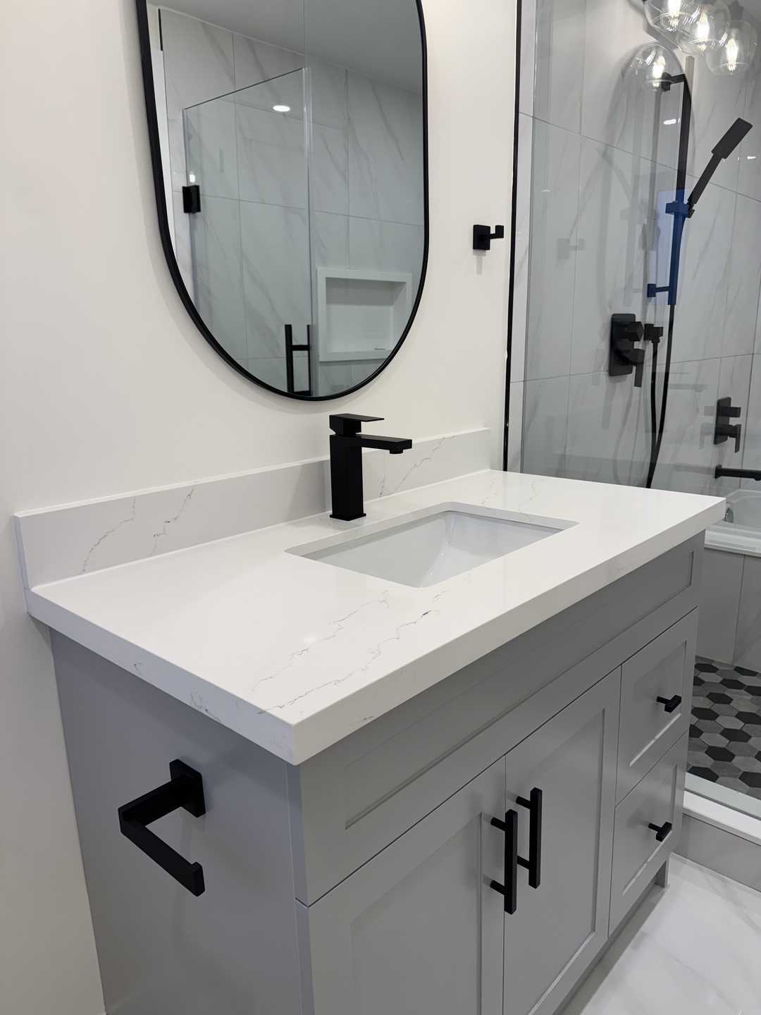 4 bathroom- arch sense mirror, grey vanity, 24"*24" tile