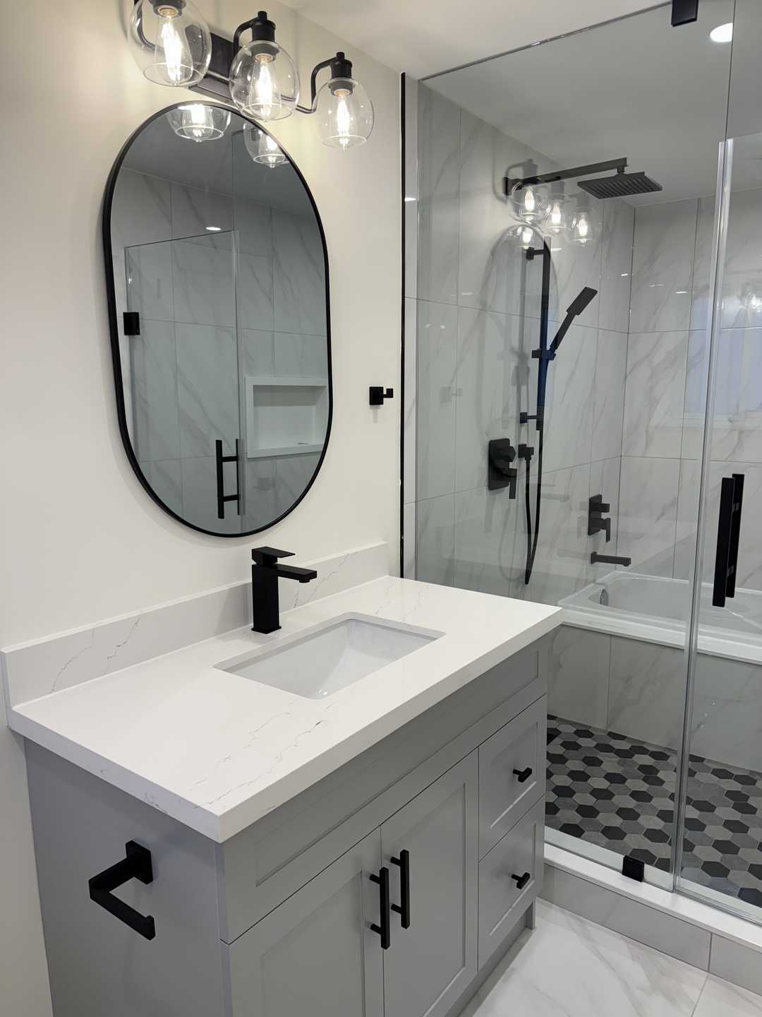 4 bathroom- arch sense mirror, grey vanity, 24"*24" tile