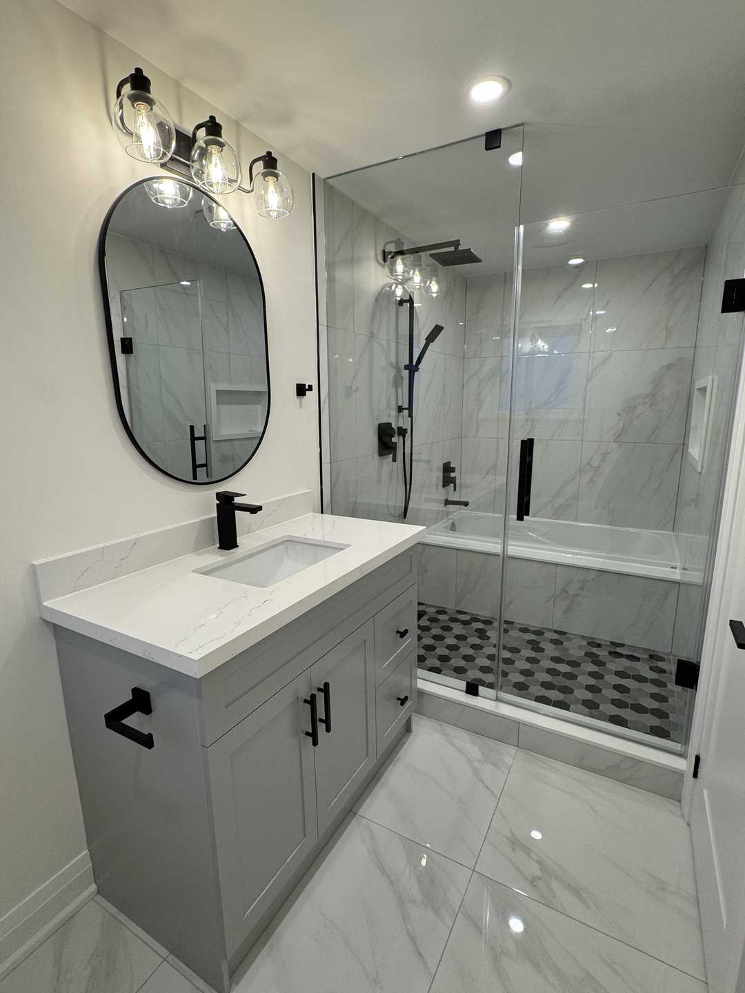 4 bathroom- arch sense mirror, grey vanity, 24"*24" tile