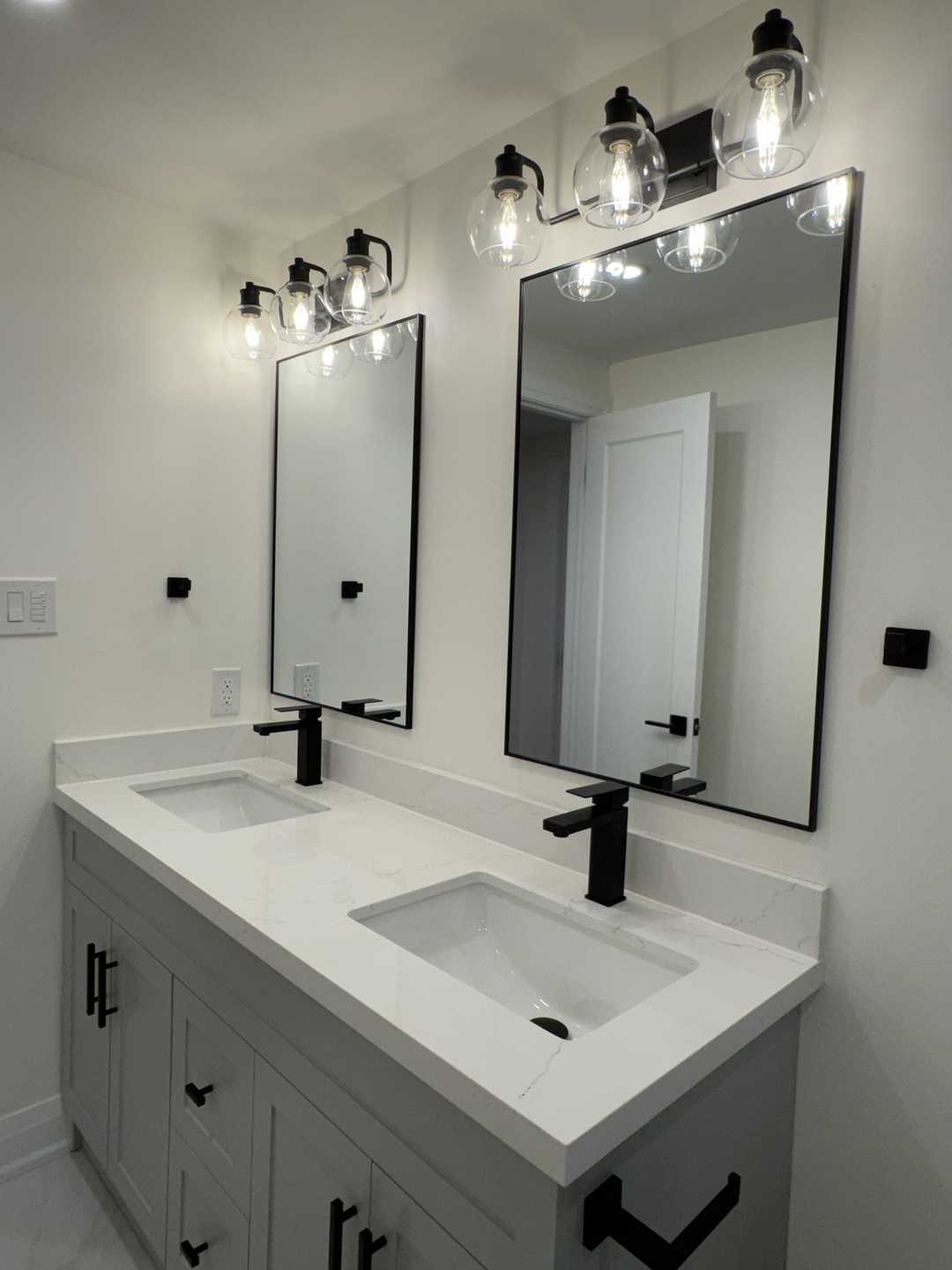 4 bathroom- arch sense mirror, grey vanity, 24"*24" tile