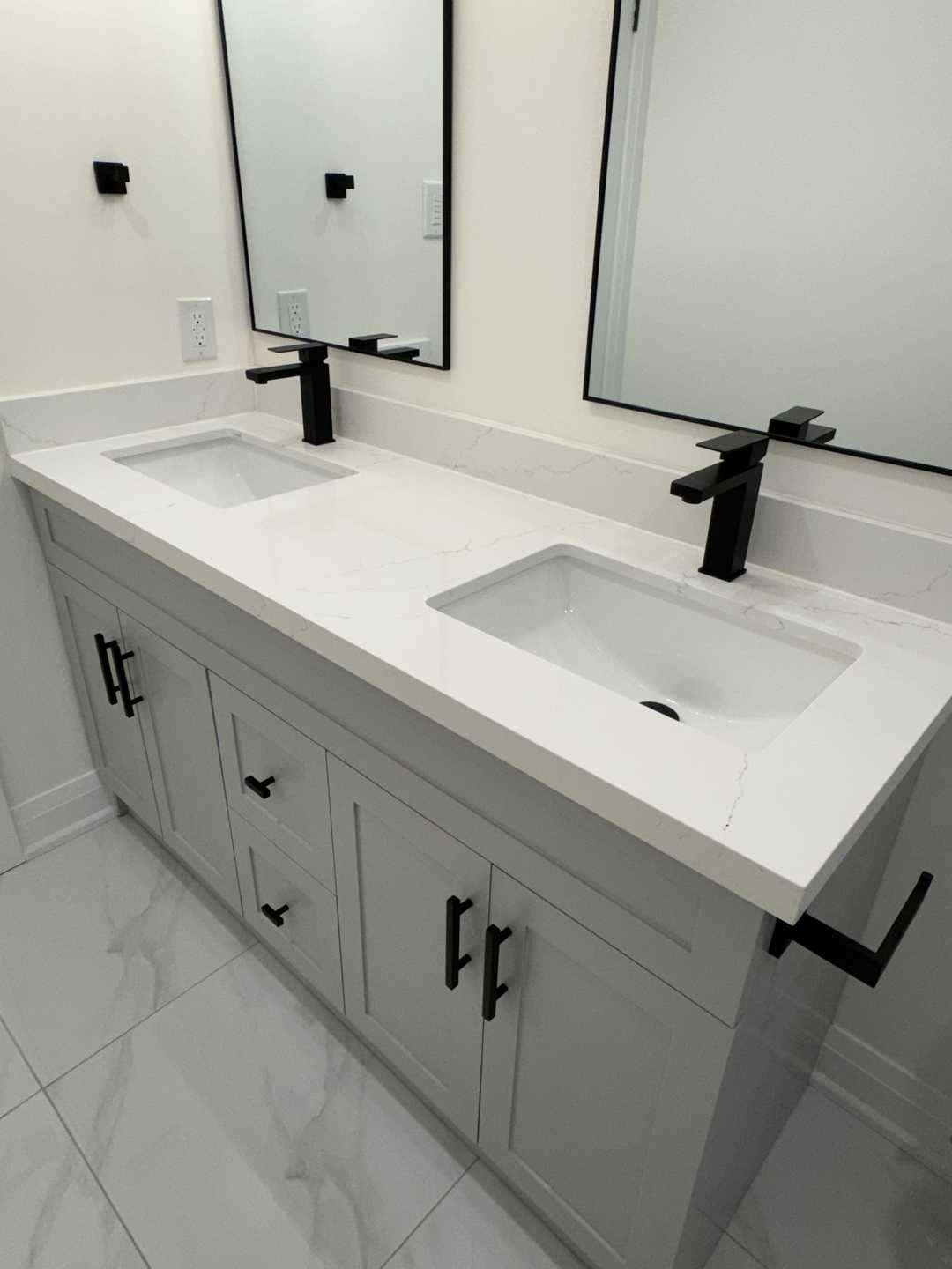 4 bathroom- arch sense mirror, grey vanity, 24"*24" tile
