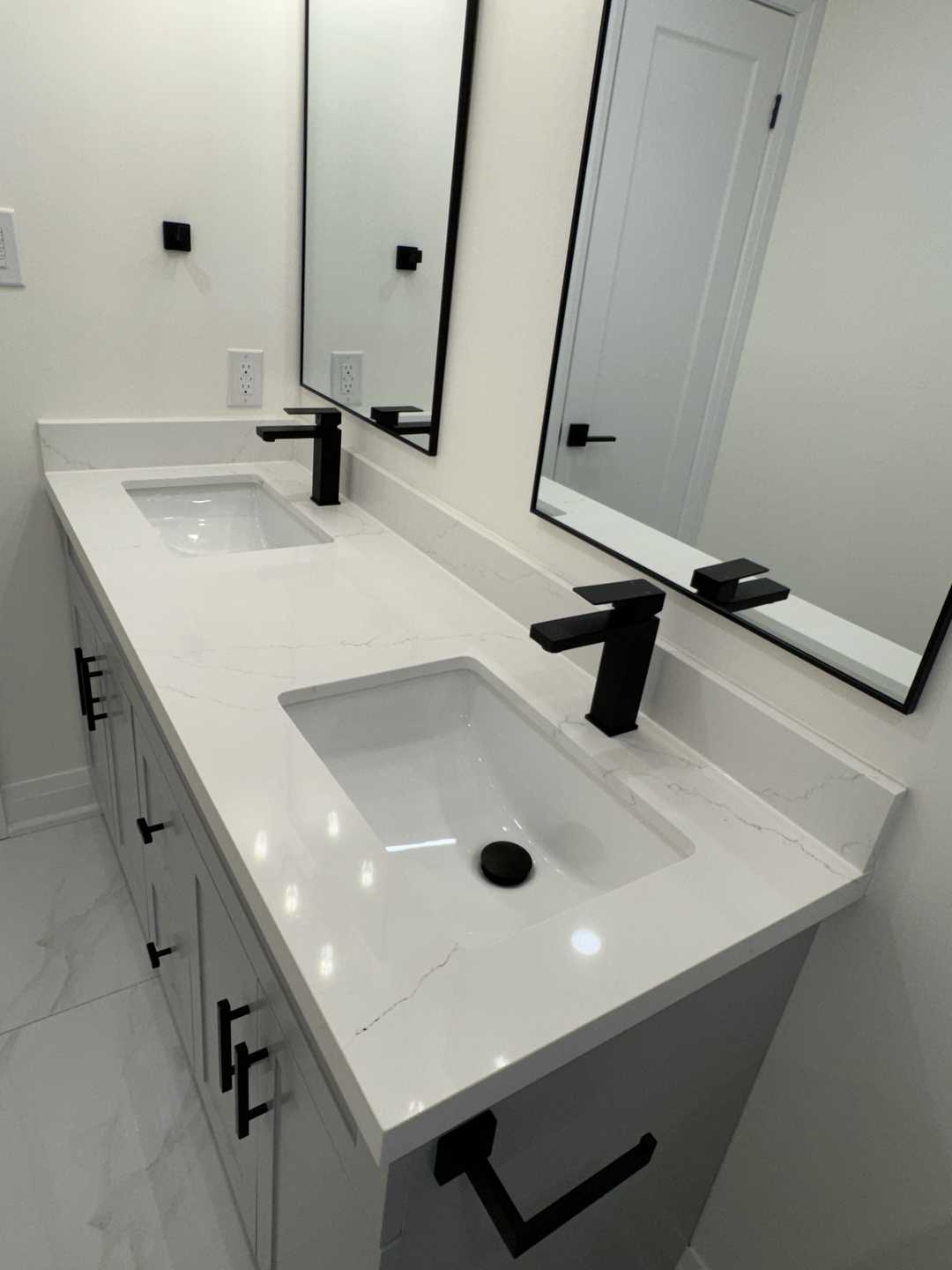 4 bathroom- arch sense mirror, grey vanity, 24"*24" tile