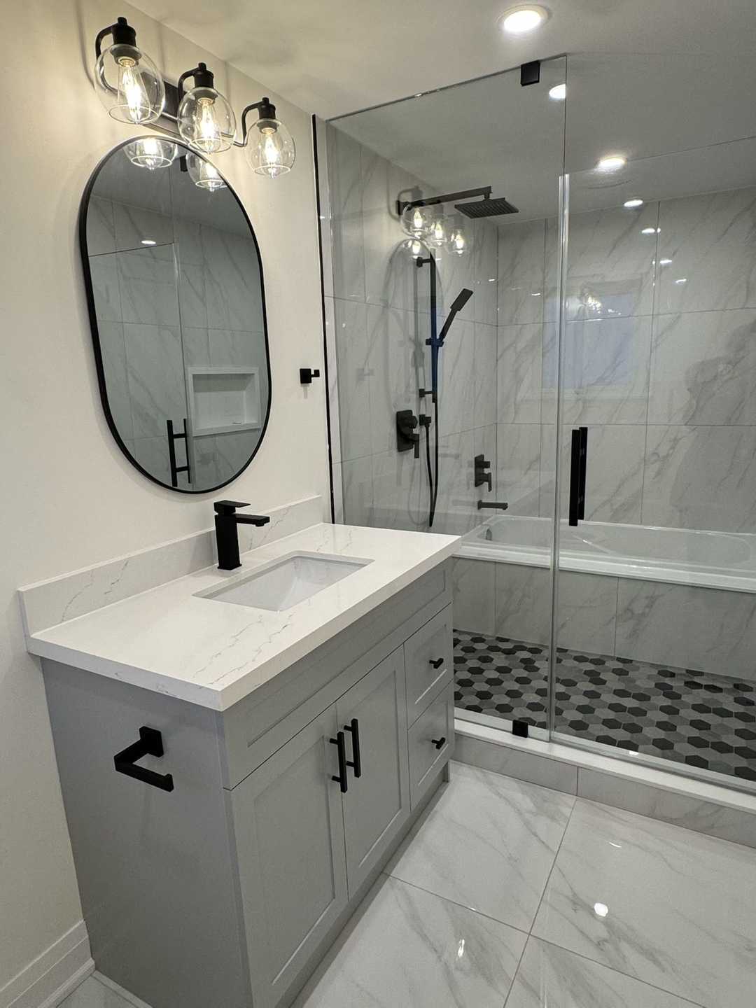 4 bathroom- arch sense mirror, grey vanity, 24"*24" tile