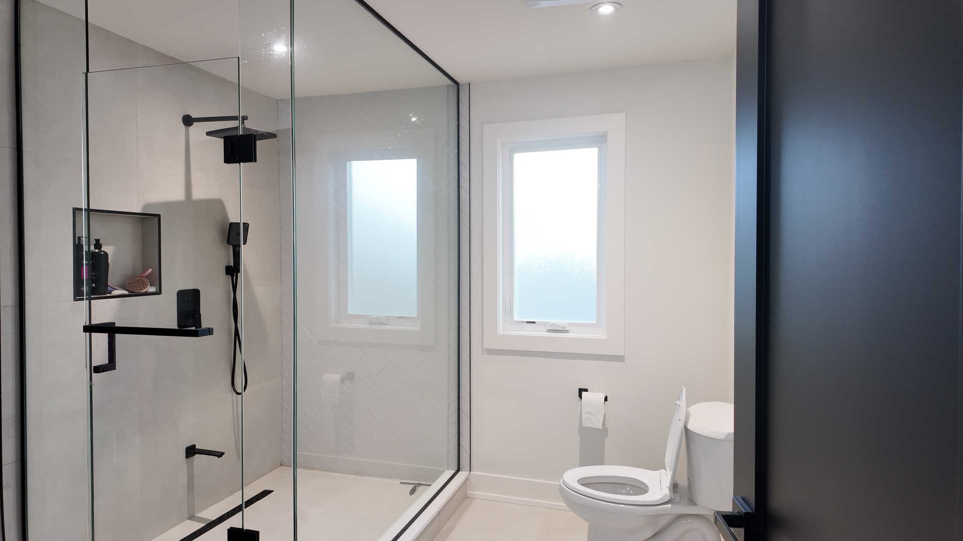 4 bathroom-fluted custom black vanity for share bathroom, avocado green