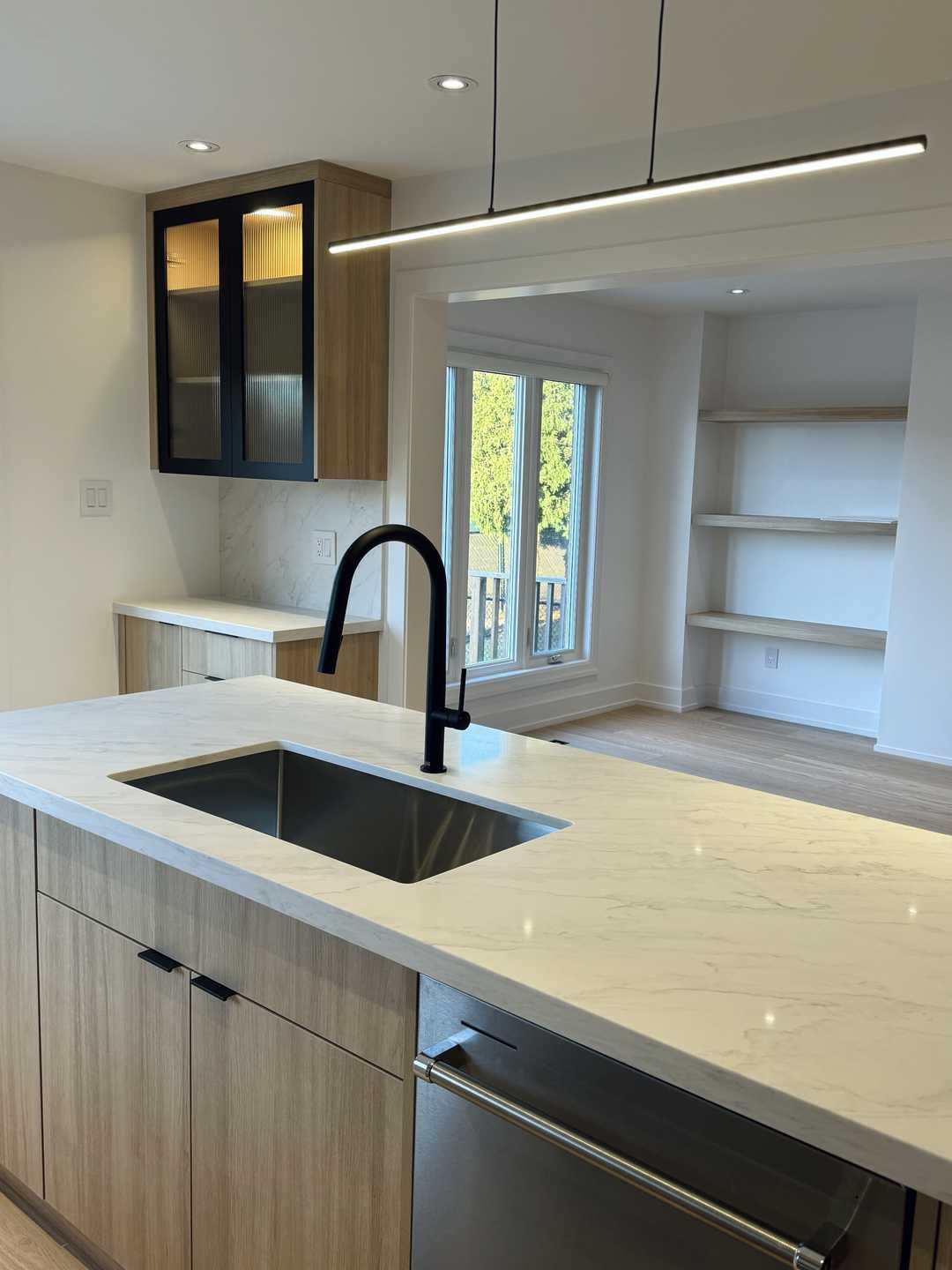 L shape kitchen-Wood panel cabinet with black fluted coffee bar,